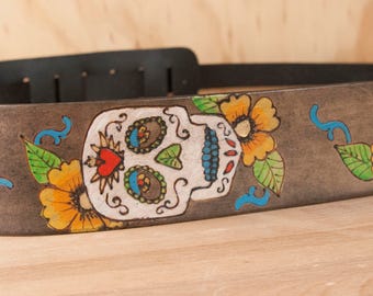 Sugar Skull Guitar Strap - Handmade Leather with Sugar Skulls and Flowers - for Acoustic or Electric Guitars - Yellow, White, Antique Black
