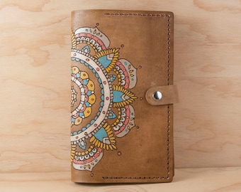 Mandala Moleskine Journal Cover - Handmade Leather in Sage, Pink, Yellow and antique brown - Third Anniversary Gift for Writer or Artist