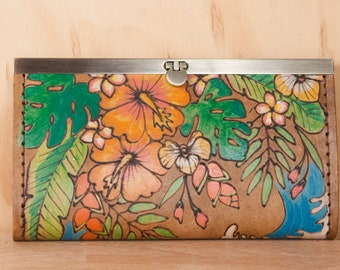 Leather Checkbook Wallet -  Ladies Clutch Wallet in the Hanalei Pattern with Tropical Flowers and Waves - Third Anniversary Gift for Her