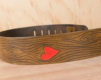 Leather Guitar Strap in the Nice Pattern // Valentines Day Gift //  Woodgrain and heart