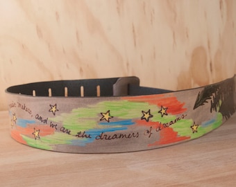 Leather Ukulele Strap - Handmade in the Stars Pattern with Northern Lights and Custom Inscription - Kids guitar, mandolin or ukulele strap