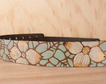 Leather Ukulele Strap - Handmade in the Rebecca Pattern with Dogwood Flowers  - Third Anniversary Gift - Kids guitar or Mandolin Strap