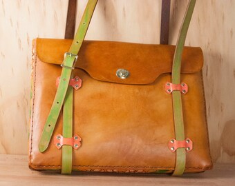 Laptop Tote - Handmade Leather Laptop Bag Case in the Persistence Pattern with Mayflowers - Pink, Green, and Antique Tan