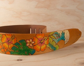 Leather Guitar Strap for Acoustic or Electric Guitars - Hanalei Pattern with Tropical Flowers, Waves and Leaves - Green, Antique Tan