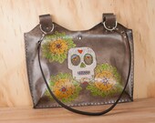 Leather Tote Bag - Day of the Dead purse in the Walden Pattern with Sugar Skull and Flowers - White, Yellow and antique black