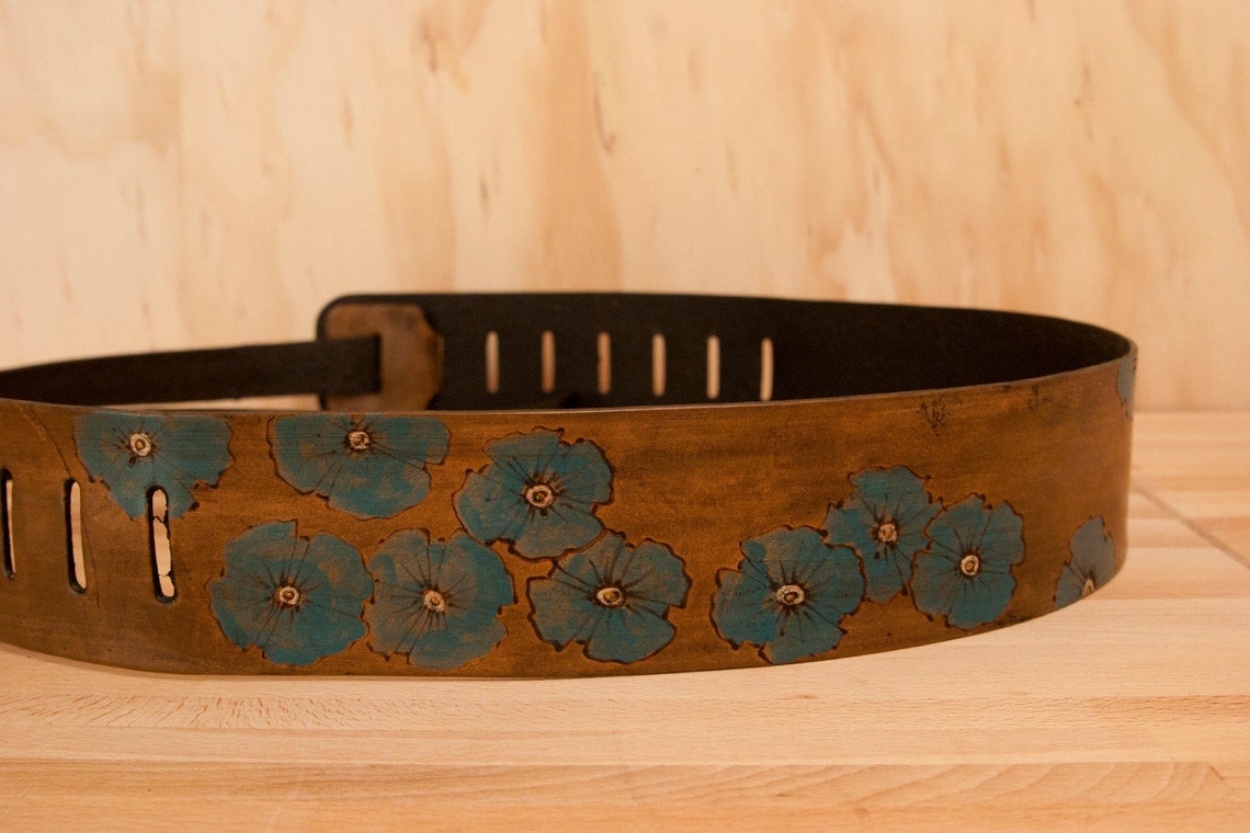 Leather Guitar Strap Turquoise and Antique Brown Poppy Etsy