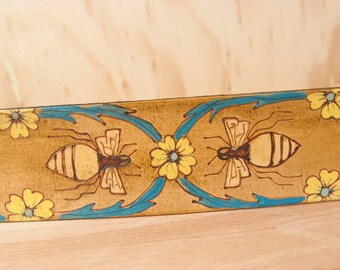 Leather Guitar Strap - Melissa Pattern with Bees and Flowers - Handmade Accessory for Acoustic or Electric Guitars, Bass or Banj