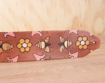 Leather Ukulele Strap - Handmade leather in the Meadow Pattern - bees, flowers and honeycomb