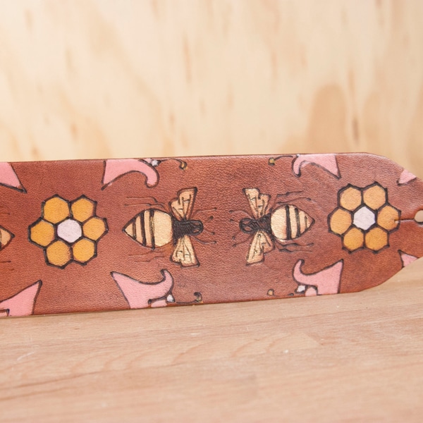 Leather Ukulele Strap - Handmade leather in the Meadow Pattern - bees, flowers and honeycomb