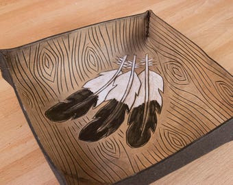 Leather Catchall Tray - Valet Tray in the Emily pattern with Woodpecker Feathers, Woodgrain and Heart - Third Anniversary Gift