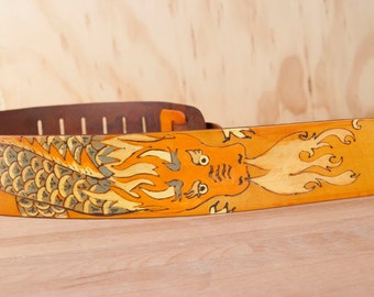 Guitar Strap - Leather Dragon Guitar Strap - Breathe Pattern in gold and tan - Handmade Guitar Strap for Acoustic or Electric Guitars