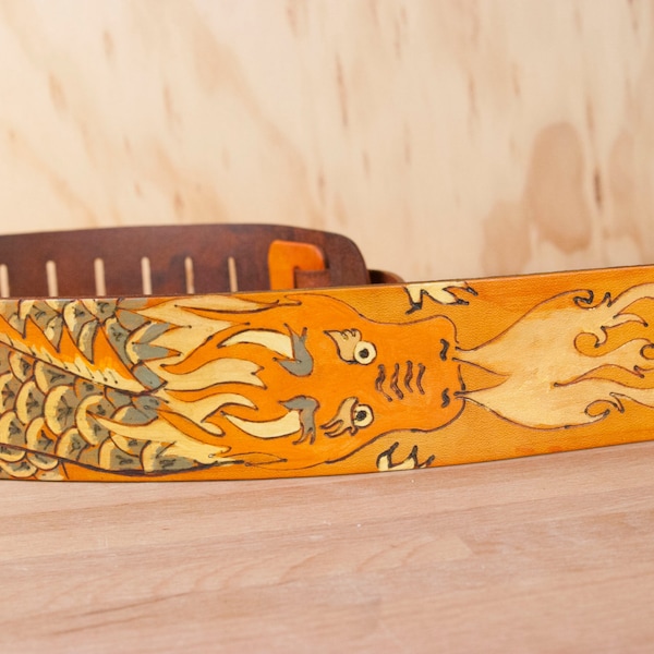 Guitar Strap - Leather Dragon Guitar Strap - Breathe Pattern in gold and tan - Handmade Guitar Strap for Acoustic or Electric Guitars