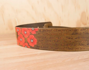 Personalized Guitar Strap - Custom Leather Guitar Strap - Poppy Garden Smokey with flowers and inscription