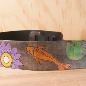 Leather Guitar Strap with Koi and Lotus - Handmade in Orange, Purple, Green and Antique Black - for Acoustic or Electric Guitars