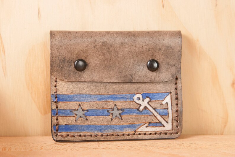 Stu Mighty Mini Wallet Nautical pattern Leather with Anchor and stars in white, gray, blue and antique black image 1