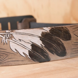 Leather Guitar Strap - Handmade strap for acoustic or electric guitars - Emily pattern with Woodpecker Feathers in Antique black