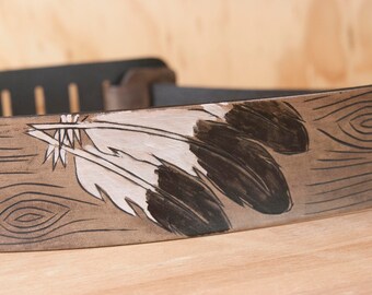 Handmade Leather Guitar Strap: Woodpecker Feathers, Antique Black