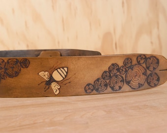 Guitar Strap - Leather Guitar Strap - Worker Bee Pattern with bees and wood rounds in antique brown - Acoustic or Electric Guitars