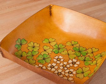 Leather Valet Tray for Her - Catchall in the Lucky Pattern with Shamrocks, Four Leaf Clovers and Flowers - Green and Antique Tan