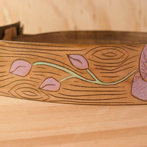 Orchid Guitar Strap Handmade leather in purple, green, antique brown Orchid and wood grain image 4