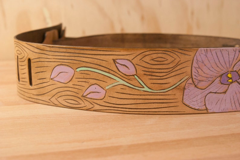 Orchid Guitar Strap Handmade leather in purple, green, antique brown Orchid and wood grain image 4