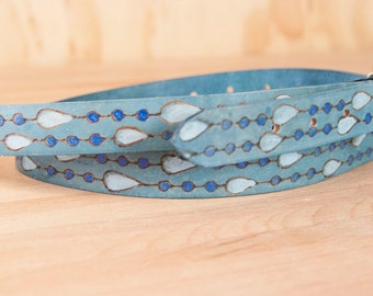 Mandolin Strap - Leather with modern raindrops in blue and white - Handmade in the Rain Pattern