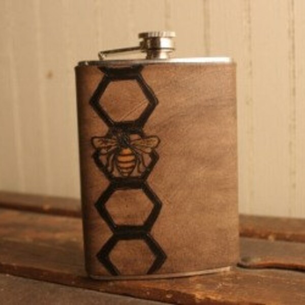 8oz Flask - Leather and Stainless Steel - Hive pattern with bee and honeycomb