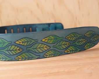 Leather Guitar Strap - Adam pattern with carved leaves in blue, green and yellow - Acoustic or Electric Guitars