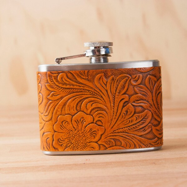 4oz Flask - Pressed pattern in antique tan - western tooled floral leather