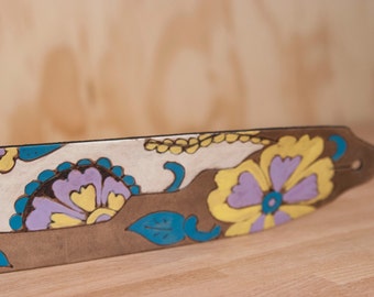 Guitar Strap - Leather Guitar Strap - Cow Skull and Flowers - Black Eyed Nellie Pattern in turquoise purple yellow and antique black