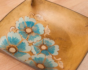Valet Tray - Catch-All - Leather Tray - Ring Tray - Jewelry Tray - Flowers and vines in the Belle pattern with wild roses - turquoise brown