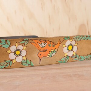 Guitar Strap Leather Guitar Strap Colibri Hummingbird and flowers Handmade leather in coral, green, white and antique brown image 4