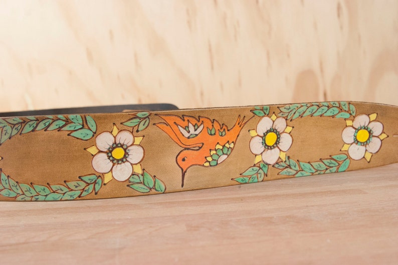 Guitar Strap Leather Guitar Strap Colibri Hummingbird and flowers Handmade leather in coral, green, white and antique brown image 4