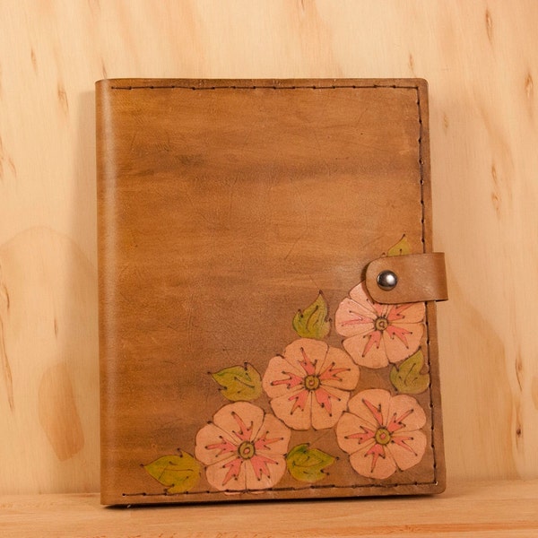 Leather iPad Case - Amy pattern with flowers - Pink, green and antique brown