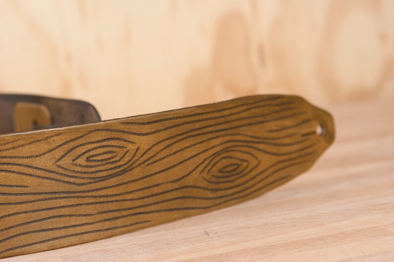 Leather Guitar Strap in the Nice Pattern // Valentines Day Gift // Woodgrain and heart image 4