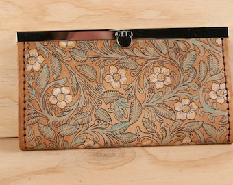 Leather Checkbook Wallet -  Womens Clutch Wallet in th Cady Pattern with Western style flowers and vines - Third Anniversary Gift Idea