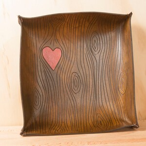 Leather Catch-All Tray red and antique browwn Nice Pattern with Wood Grain and Heart image 2