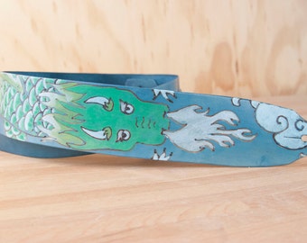 Guitar Strap - Leather Dragon Guitar Strap - Breathe Pattern in blue and green - Handmade Guitar Strap for Acoustic or Electric Guitars