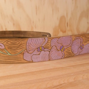 Orchid Guitar Strap Handmade leather in purple, green, antique brown Orchid and wood grain image 2