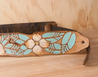 Leather Guitar Strap for Acoustic or Electric Guitars - Rebecca Lace Pattern with Dogwood Flowers - White, Gold, Sage and Antique Brown