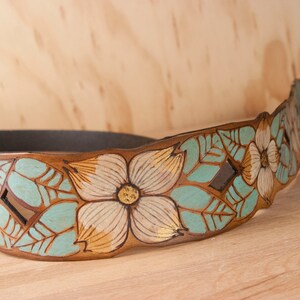 Leather Guitar Strap for Acoustic or Electric Guitars Rebecca Lace Pattern with Dogwood Flowers White, Gold, Sage and Antique Brown image 2