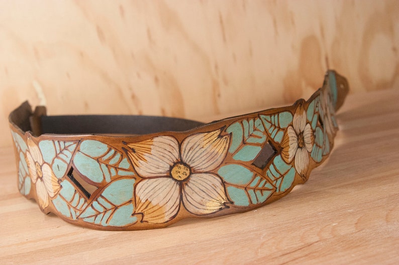 Leather Guitar Strap for Acoustic or Electric Guitars Rebecca Lace Pattern with Dogwood Flowers White, Gold, Sage and Antique Brown image 2