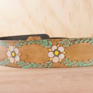 Guitar Strap Leather Guitar Strap Colibri Hummingbird and flowers Handmade leather in coral, green, white and antique brown image 3