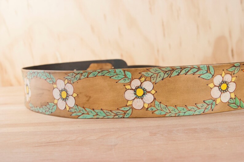 Guitar Strap Leather Guitar Strap Colibri Hummingbird and flowers Handmade leather in coral, green, white and antique brown image 3