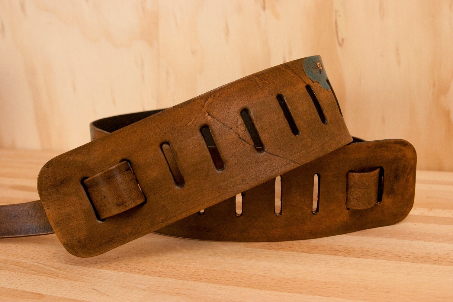 Leather Guitar Strap Turquoise and Antique Brown Poppy Etsy