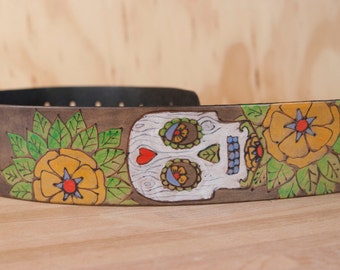 Guitar Strap - Leather in the Walden Pattern with day of the dad sugar skull  - Handmade Guitar Strap for Acoustic or Electric Guitars