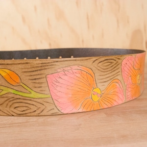Guitar Strap - Handmade Leather Guitar Strap in coral, yellow and antique brown - Orchid and wood grain - Acoustic or Electric Guitars