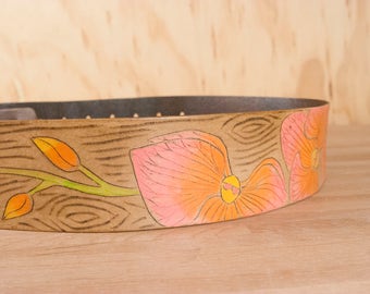 Guitar Strap - Handmade Leather Guitar Strap in coral, yellow and antique brown - Orchid and wood grain - Acoustic or Electric Guitars