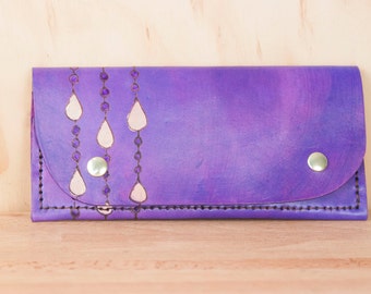 Leather Wristlet Wallet - Womens Large Wallet with Wrist Strap - Purple Rain pattern with gold raindrops - Fits iPhone 6+