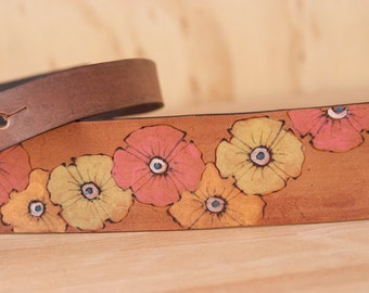 Leather Ukulele Strap - Poppy Garden Pattern - Orange, yellow, pink and antique mahogany - Flower ukulele strap - Handmade leather